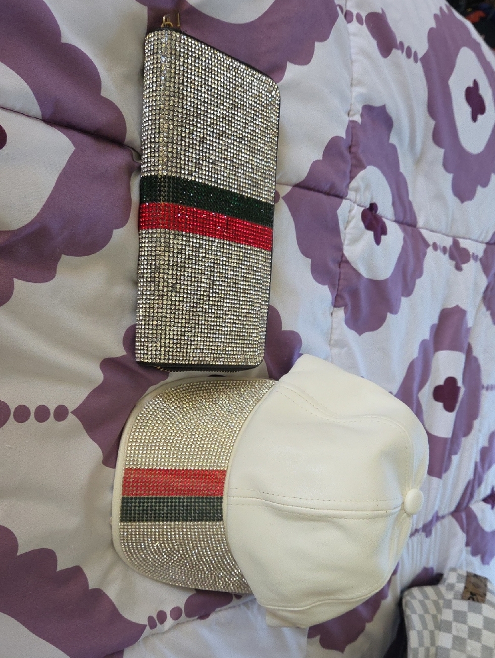 Rhinestone Crystal Wallet & Cap Set with Red and Green Stripe